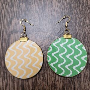 HAND CRAFTED Summertime Swirls (Yellow/Green/ White) Wooden Dangle Earri…